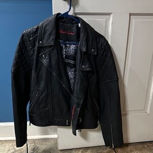 Robert Graham Black Leather Jacket with Red Embroidery
